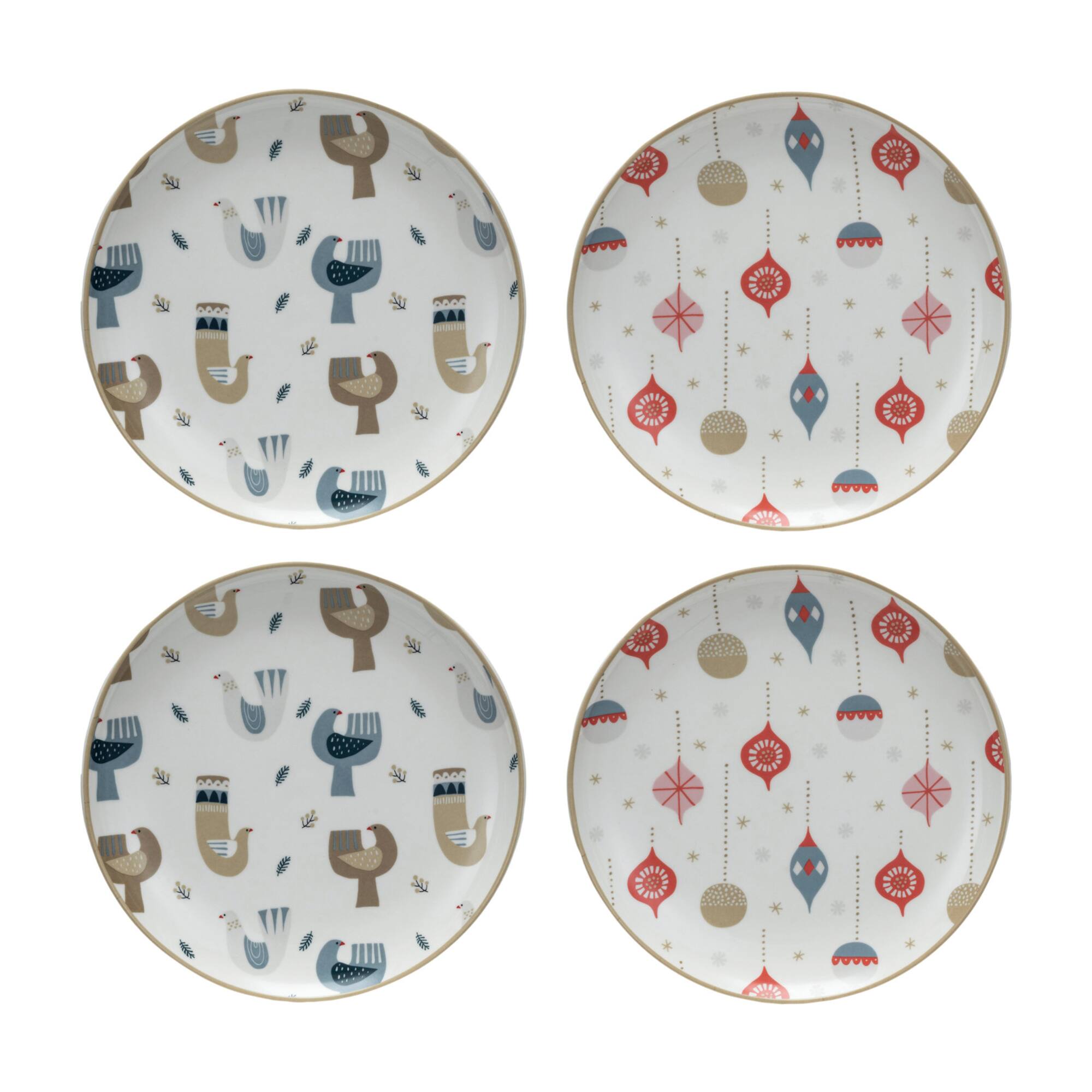 Hello Honey® 8" Round Bird & Ornament Print Stoneware Holiday Plates, 4ct.